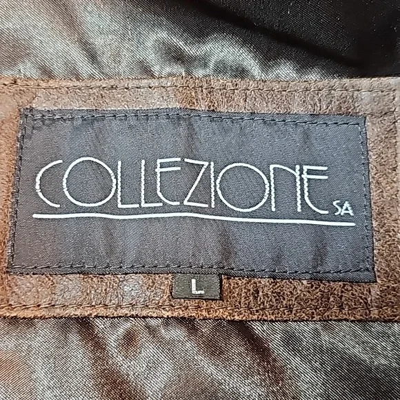 VINTAGE ARMANI COLLEZIONE BROWN DISTRESSED LEATHER ZIP-UP JACKET - Picture 14 of 16